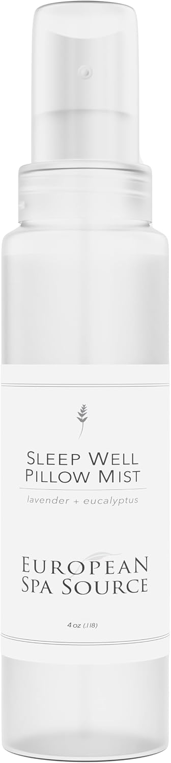 European Spa Source Sleep Well Eucalyptus + Lavender Pillow Mist Spray for Aromatherapy, At Home Spa Experience, Tension Relief, Sleep Support, and Relaxation, 4 fl oz.