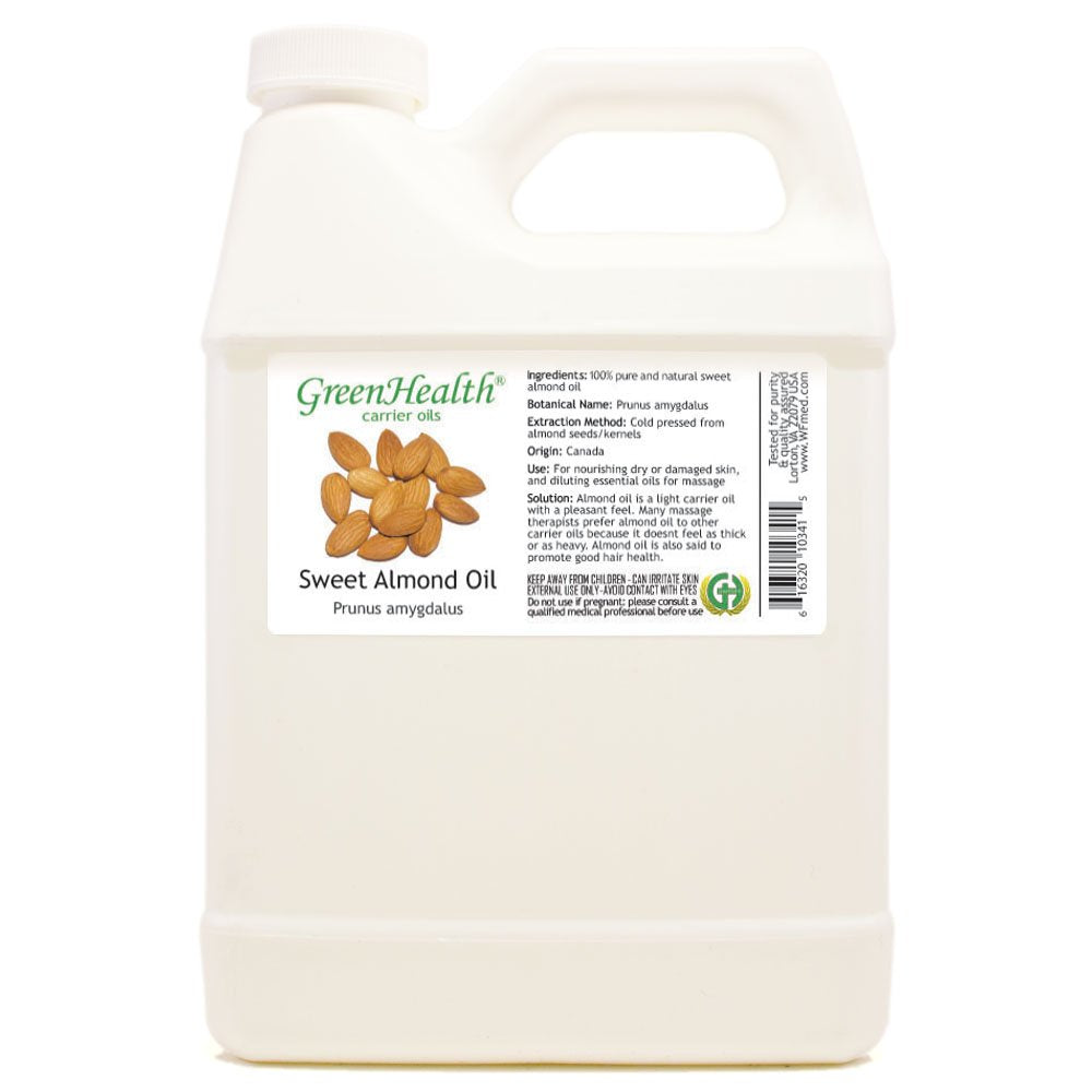 GreenHealth Sweet Almond Oil 32 fl oz – Pure Cold Pressed Carrier Oil in White Jug – Non-GMO, Ideal for DIY, Massage, Hair, Skin, and Essential Oil Dilution
