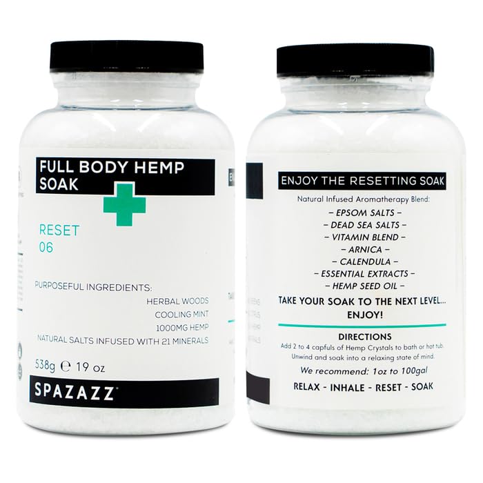 Spazazz Full Body Hemp Soak - 1000mg Hemp - Spa Hot Tub & Bath Aromatherapy Bath Salt Crystals - 538g/19oz (Reset 06)