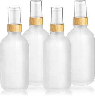 4-Pack 4 Oz Glass Spray Bottle with Bamboo Lid,Empty Refillable Fine Mist Atomizer,Leak-Proof Travel Liquid Holder Container for Cologne,Essential Oils,Room Sprays,Cleaning Solutions (Frosted)