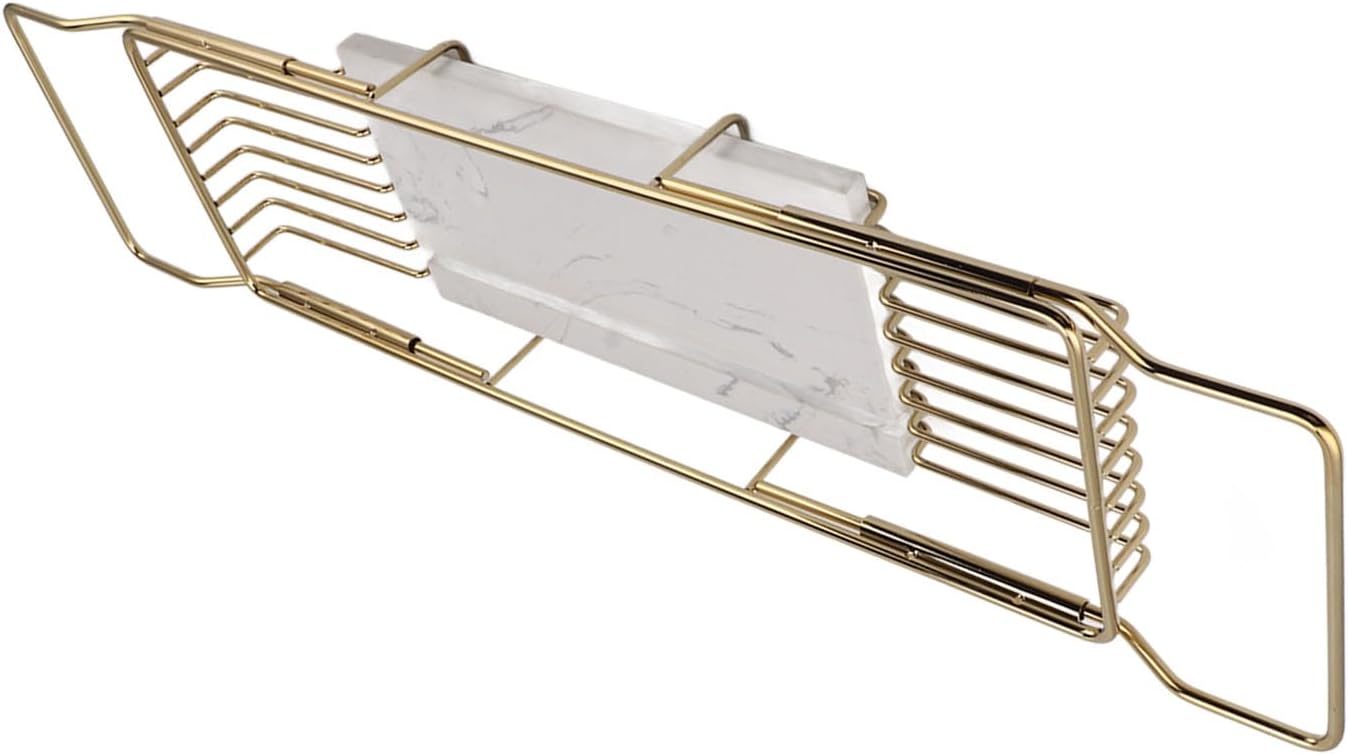Marhynchus Metal Marble Bathtub Rack, Bathtub Caddy Tray Stainless Steel Shower Caddy Tray with Extending Sides, Bathroom Trays (Gold White)