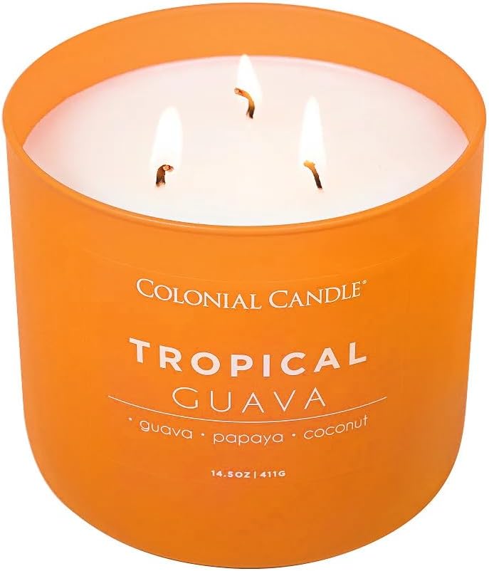 Colonial Candle Tropical Guava Scented Jar Candle, Pop of Color Collection, 3 Wick, 14.5 oz - Up to 60 Hours Burn