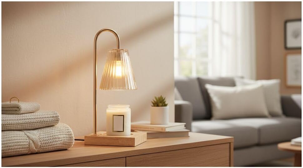 Mikasa Electric Candle Warmer with Amber Glass Shade - 13.8 Inch Lamp Warmer with Wooden Base, 50 Watt Halogen Bulb Included, Dimmer Switch, Safe Flameless Fragrance for Home Décor