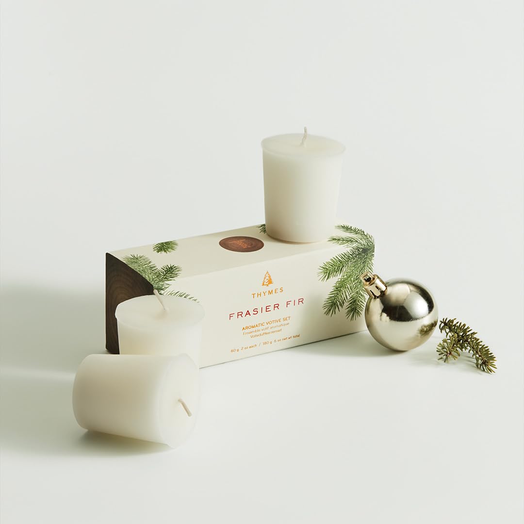 Thymes Frasier Fir Votive Candle Set of 3 - Scented Candles for Home - Luxury Home Fragrance Gifts for Women & Men - Home Decor (Pack of 3-2 Oz)