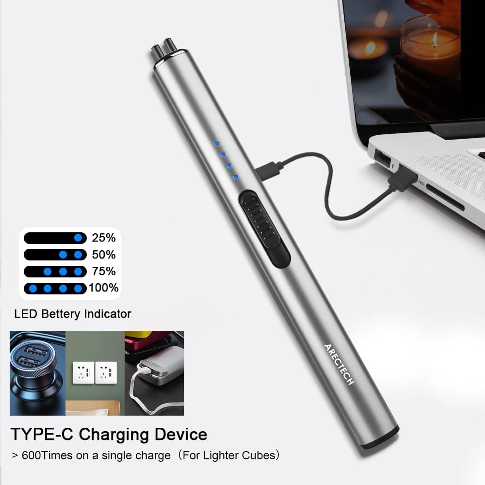 ARECTECH Electric Candle Rechargeable Lighter Arc Plasma Lighters for Candle Kitchen Camping Christmas Type-C Silver