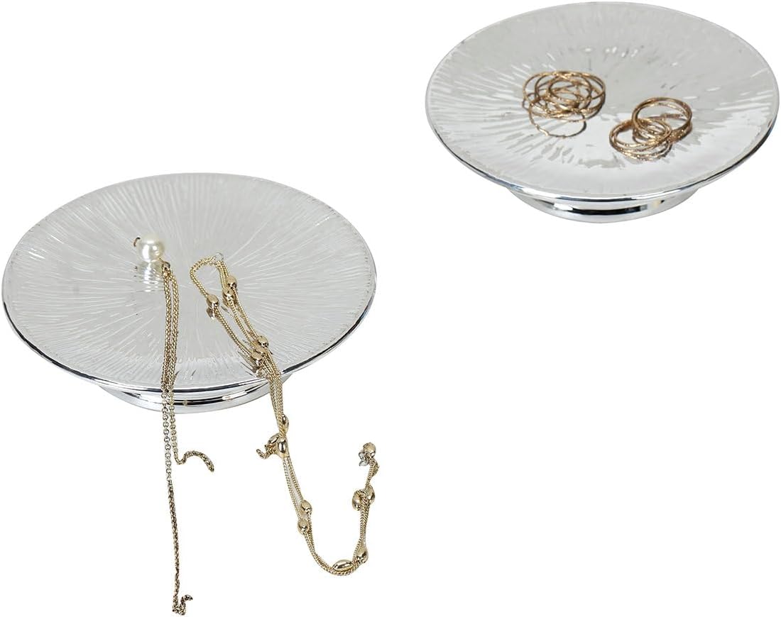 Metallic Silver Ceramic Candle Plate and Jewelry Dish Set of 2, 5" Diameter