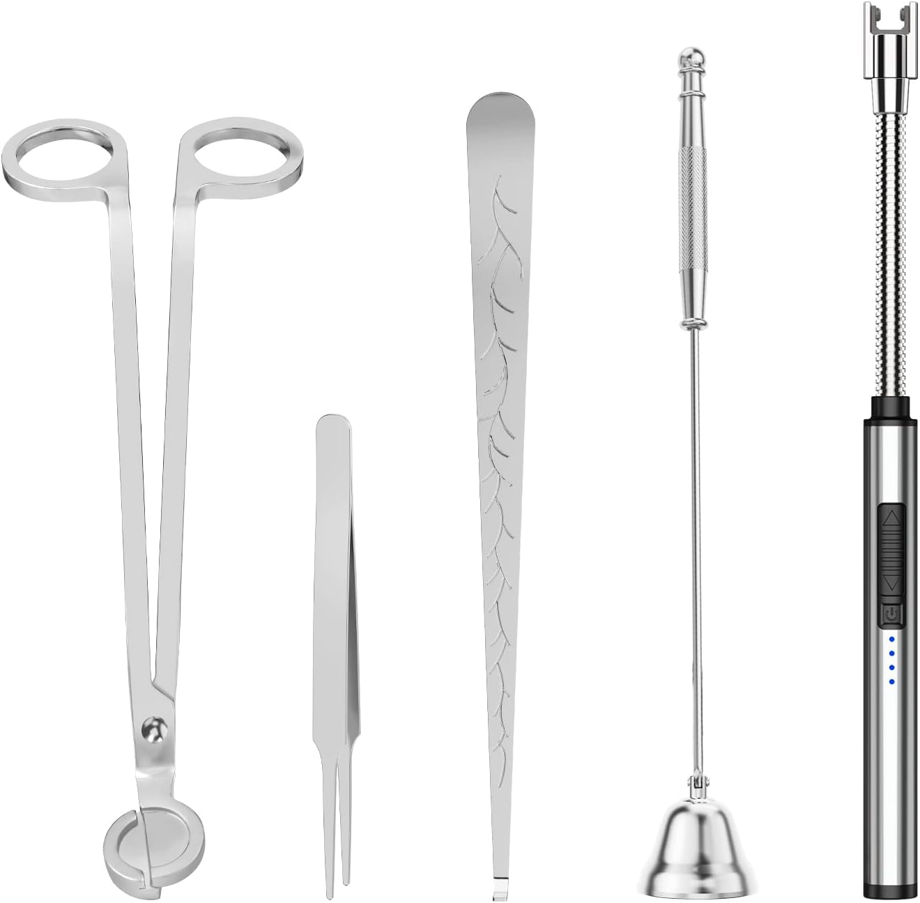 5 in 1 Candle Accessory Set,Candle Wick Trimmer Cutter,Candle Wick Dipper,Candle Wick Snuffer,Rechargeable Candle Lighter,Tweezers,Stainless Steel Candle Care Kit Home Gift for Aromatherapy