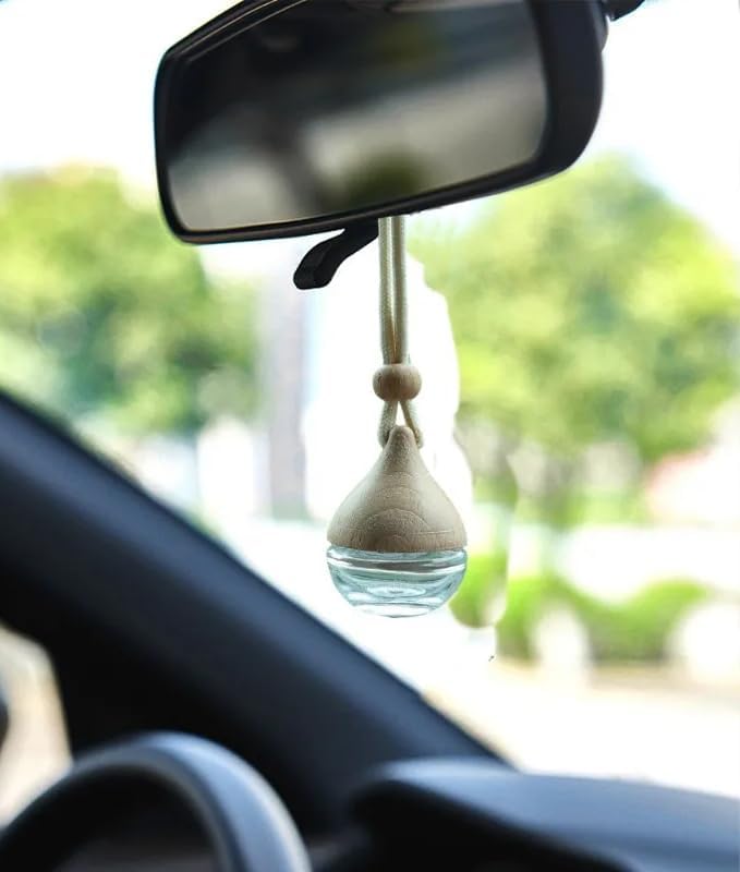 Omana 3-Pack Car Air Freshner Bottle 6ml Refillable Pendant with Wood Lid Elimination Air Diffuser Perfume Bottles for Essential Oils Car Decor Accessories, Frosted Glass (3 Pcs, Clear Glass)