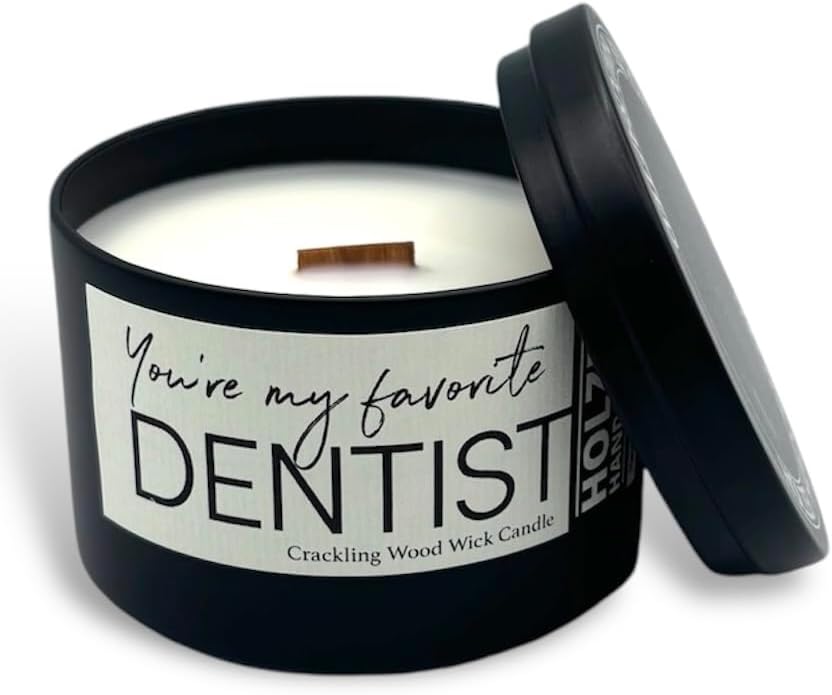 My Favorite Dentist Candle, Wood Wick Cocoa Butter + Cashmere Scented Candle | Coconut Soy Wax | Handmade in CT USA by Holzer Handcrafted | 6oz Modern Tin