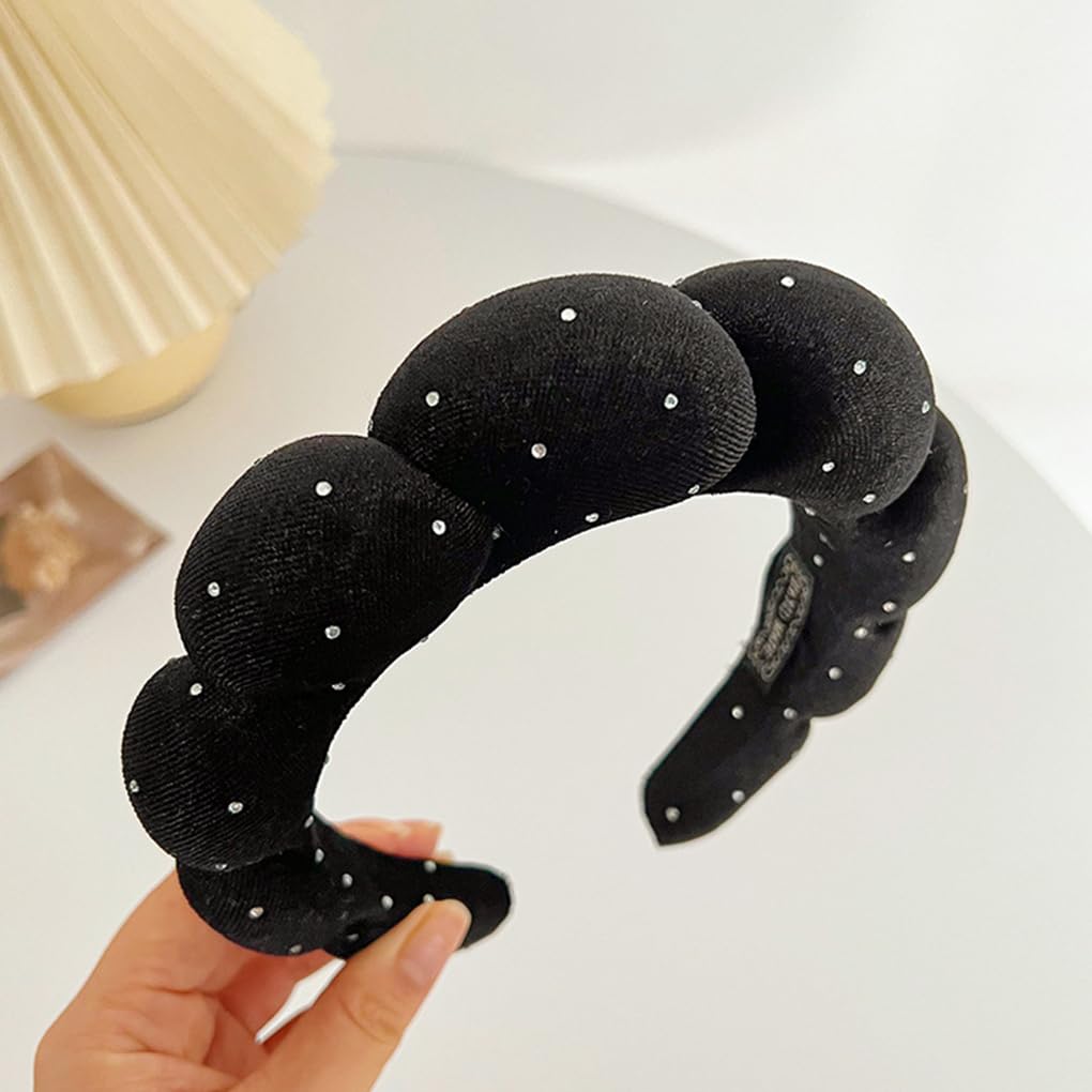 Spa Headbands Puffy Makeup Skincare Headbands for Washing Face or Facial, Terry Cloth Fabric Hairbands for Makeup Removal Shower Skin Treatment(Black, Rhinestone)