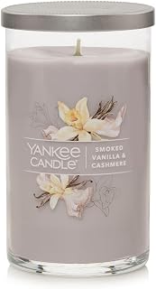 Yankee Candle Signature Medium Pillar Candle, Smoked Vanilla & Cashmere, Light Gray, Metal Lid, Premium Plant Wax Blend, Two Natural Fiber Wicks, Up to 115 Hours Burn Time