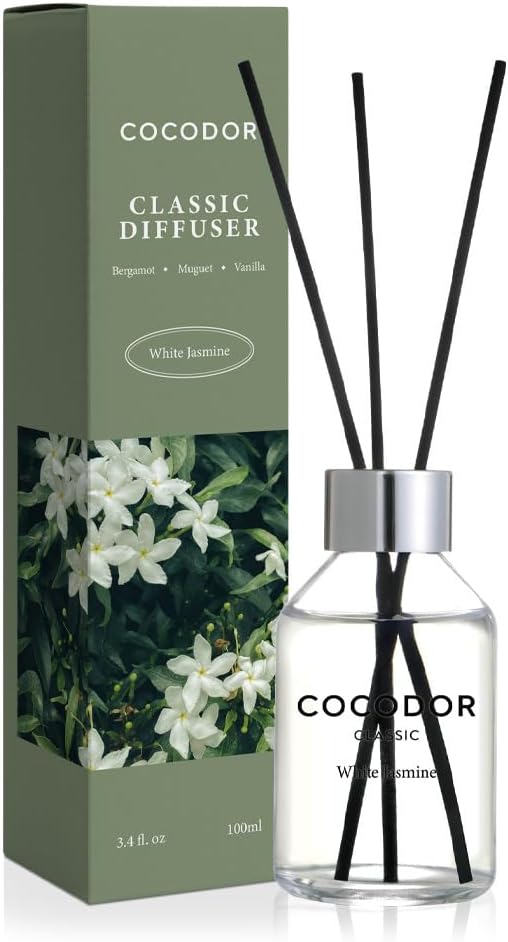 COCODOR Classic Reed Diffuser/White Jasmine/3.4oz(100ml)/1 Pack/Fragrance Scent Essential Oil with Stick Diffuser Set for