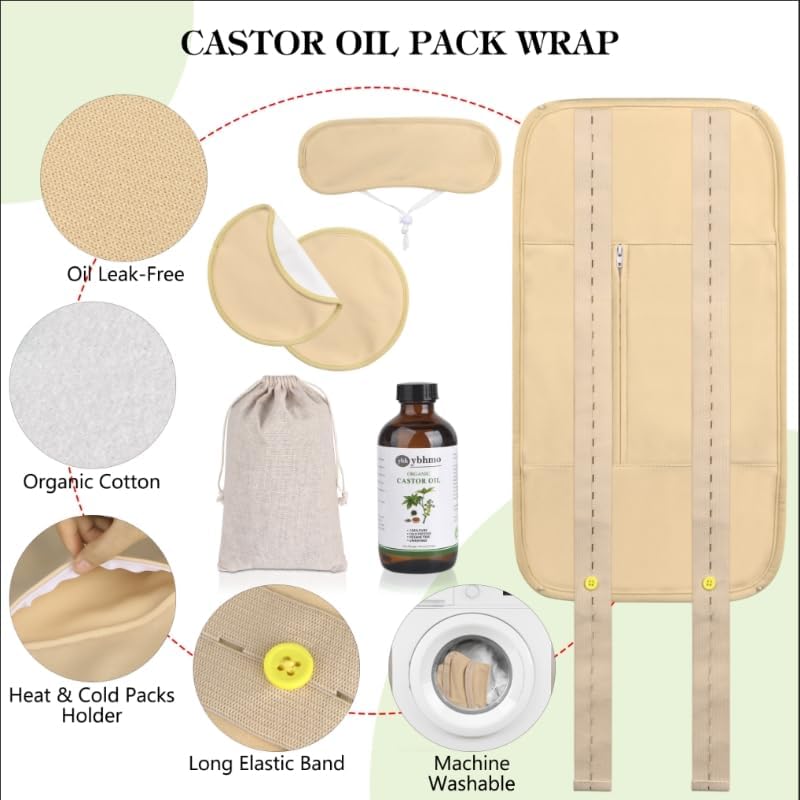 Organic Castor Oil Cold Pressed Glass Bottle((8fl.oz/237ml), Castor Oil Pack Wrap Organic Cotton Reusable for Neck, Chest & Abdomen