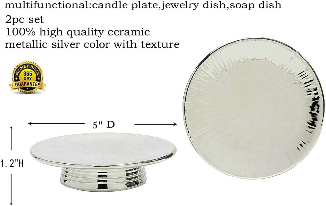 Metallic Silver Ceramic Candle Plate and Jewelry Dish Set of 2, 5" Diameter