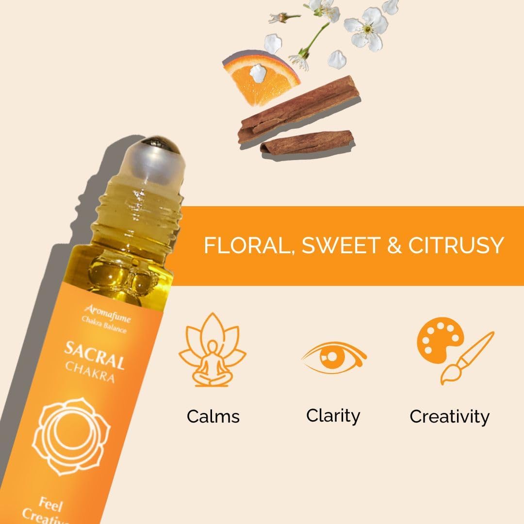 Sacral Chakra Essential Oil Roll-On Blend by Aromafume | 10ml/0.33 fl oz | Swadisthana | Aromatherapy Oils for Chakra Balance | Orange & Patchouli Extracts | Chakra Incense for Meditation, Yoga, Reiki