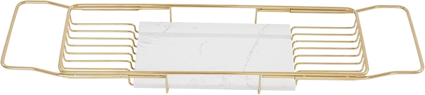 Expandable Bathtub Tray, Stainless Steel Bathtub Tray Caddy with Marble Board, Adjustable Bathtub Shelf Wide Bath Tub Tray for Spa Relaxation Bath Bombs (White+Gold)