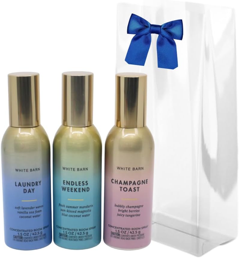 Bath & Body Works LAUNDRY DAY, CHAMPAGNE TOAST, ENDLESS WEEKEND Concentrated Room Spray 3pc bundle Gift Set with a Blue Bow for Holiday 1.5 oz each