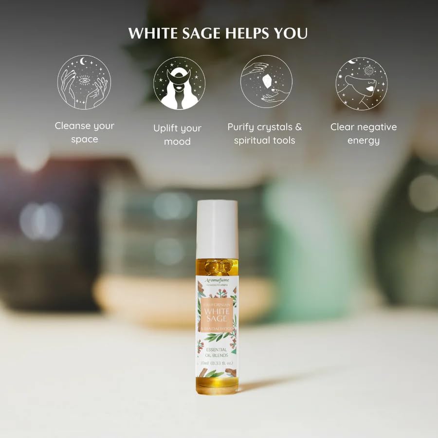 White Sage & Sandalwood Essential Oil Roll-On Blend by Aromafume | 10ml/0.33 fl oz | Aromatherapy Oil for Cleansing Negative Energy & Protection | Ethically sourced | Sage Oil for Smokeless Smudging