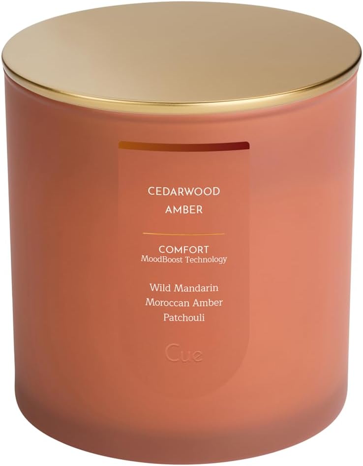 CUE Scented Candle |MoodBoost Essential Oils |OpenWick Clean Burning Candle | Soy Coconut Wax Blend | Candle for Home | Gift |Extended Burn Time (8.5oz, Cedarwood Amber)