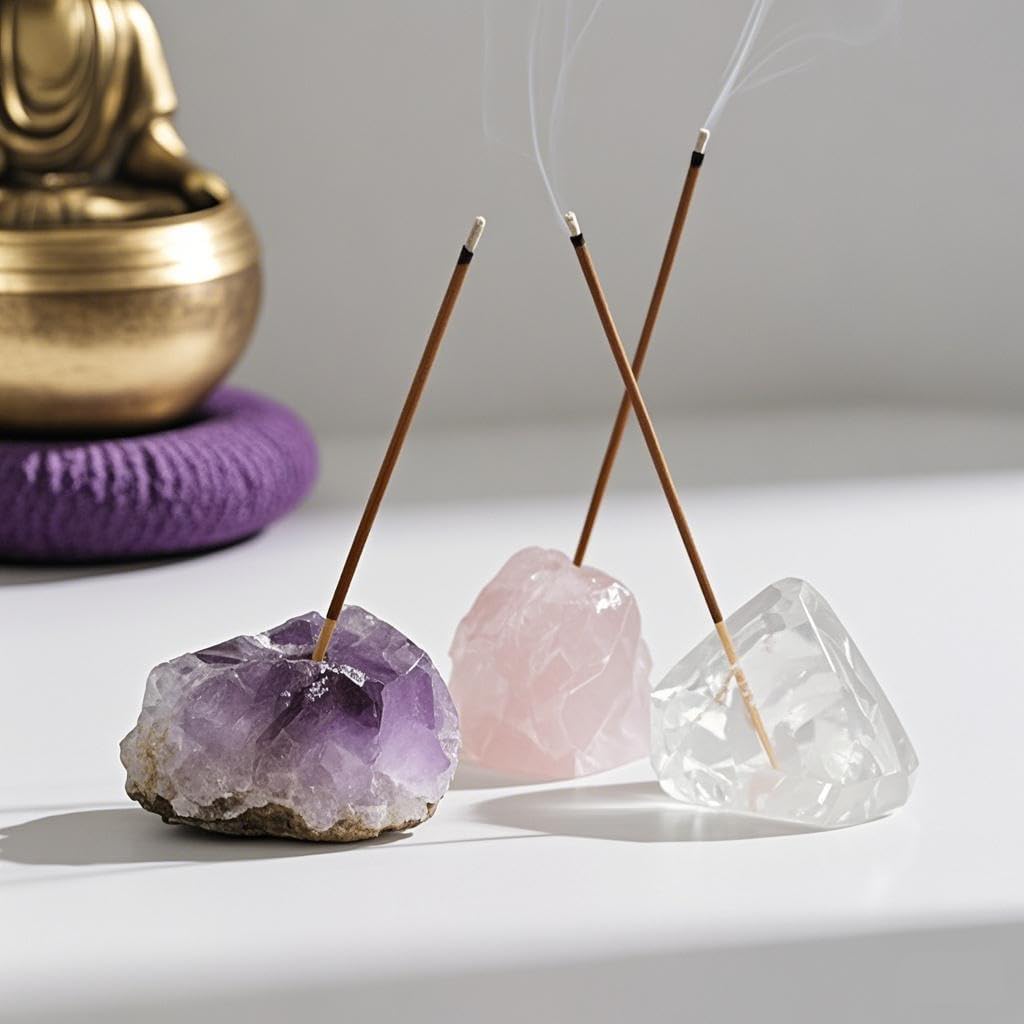 Natural Raw Crystal Incense Holder Set - 3 Unpolished Amethyst/White Quartz/Pink Stone (3-5cm), Aromatherapy Gift for Meditation, Yoga & Home Decor, Healing Energy Stone