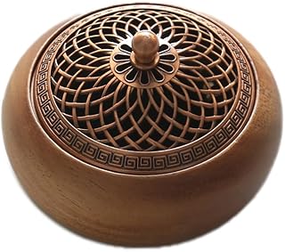 Round Incense Burner - Handcrafted Wooden Censer with Alloy Lid for Sticks/Cones/Sage, Natural Wood Aroma Tray Holder for Yoga Meditation