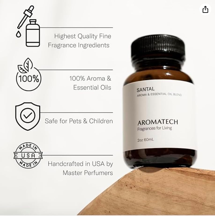 AromaTech Santal Aroma Essential Oil Blend: Luxury Hotel Inspired Aromatherapy with Amber, Vanilla, Cedar & Sandalwood for Ultrasonic Diffusers (4 Fl Oz (Pack of 1))