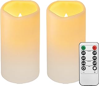 2PACK Outdoor Plastic flameless Candles with Remote Control and Timer, LED Flickering Battery Operated Electric Pillar Candles (D3 xH5.5) for Camping, Weddings, Home Decoration