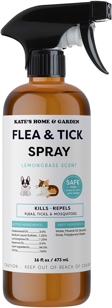 Kate's Home & Garden Flea and Tick Spray for Dogs and Cats – 16 oz Natural Lemongrass Flea Spray – Kills & Repels Fleas, Ticks, Mosquitoes – Pet Safe