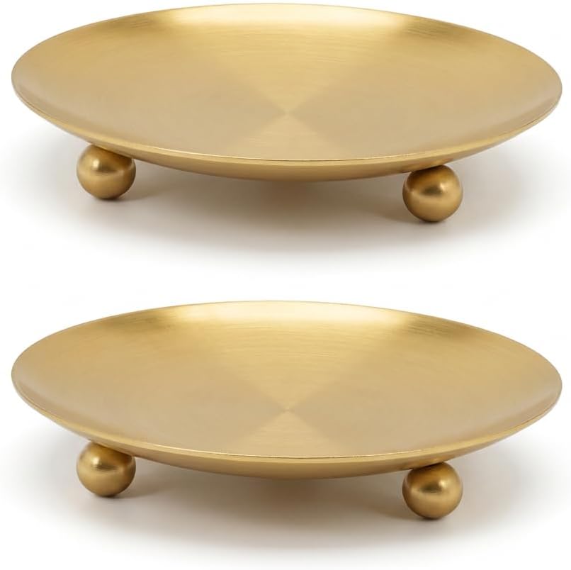 4.3" Large Iron Candle Holder Plate with Ball Feet, Metal Pillar Candle Stand Base, Decorative Centerpiece Tray for Table, Wedding, Spa & Home Decor (Matte Gold 2 Pack)