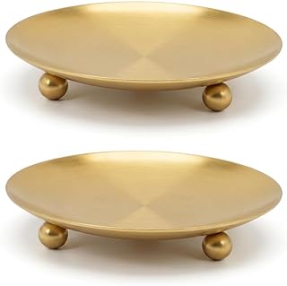 4.3" Large Iron Candle Holder Plate with Ball Feet, Metal Pillar Candle Stand Base, Decorative Centerpiece Tray for Table, Wedding, Spa & Home Decor (Matte Gold 2 Pack)