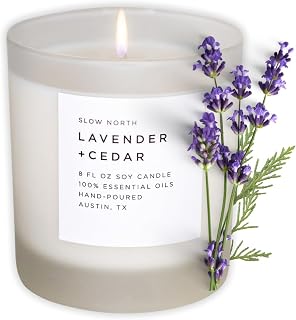 Slow North Lavender + Cedar Candle - Essential Oils and Pure Soy Wax Candle in a Reusable Frosted Glass Jar - A Unique Scented Candle Hand-Poured in the USA (8 oz)