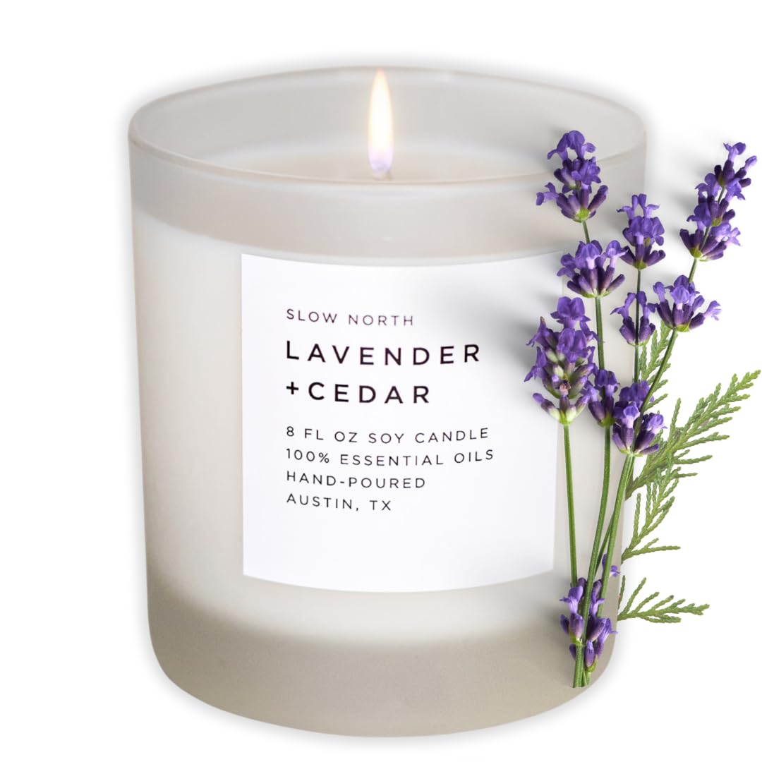 Slow North Lavender + Cedar Candle - Essential Oils and Pure Soy Wax Candle in a Reusable Frosted Glass Jar - A Unique Scented Candle Hand-Poured in the USA (8 oz)