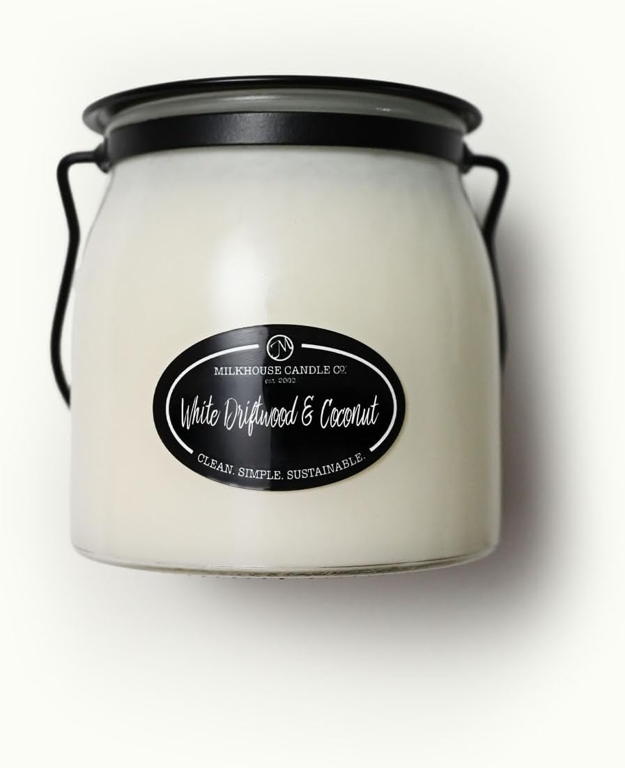 Milkhouse Candle Company White Driftwood & Coconut Soy Candle - Coconut Water | Mandarin Orange | Rosewater Scented - 16 oz Butter Jar with Lid, 65+ Hour Burn Time, Made in the USA