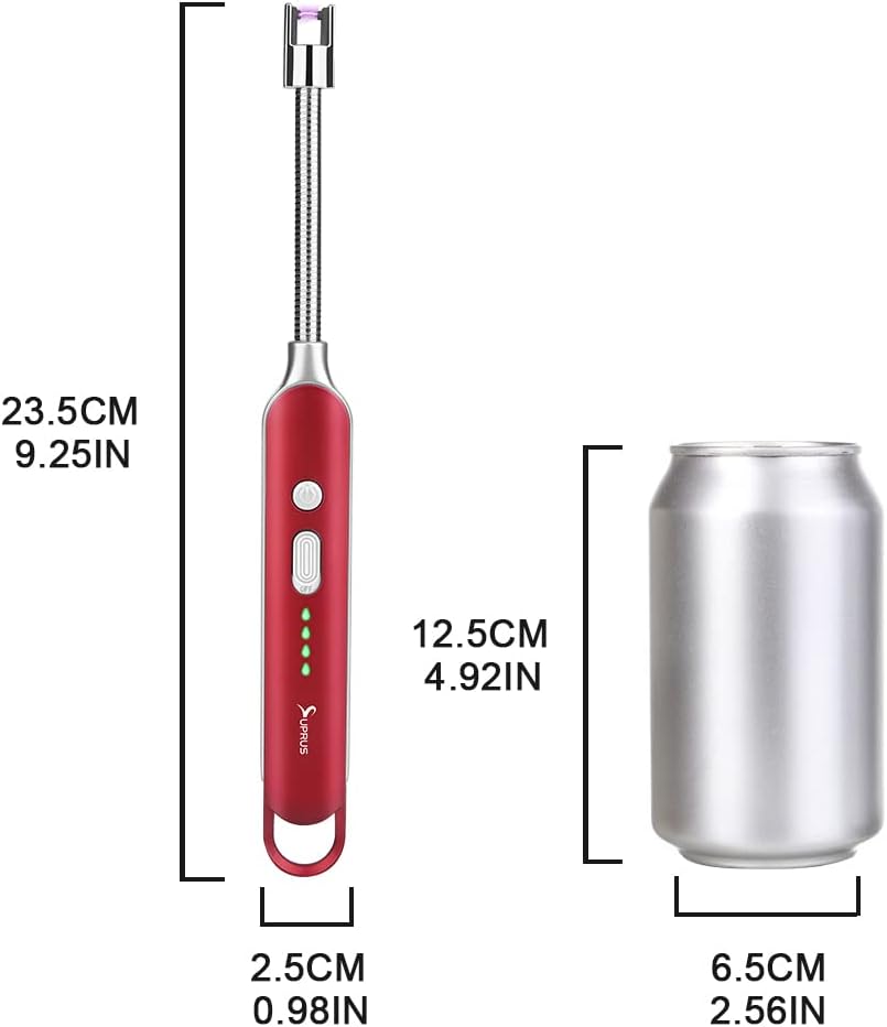 SUPRUS Electric Rechargeable Arc Lighter with LED Battery Display Long Flexible Neck USB Lighter for Candle Cooking (Red)