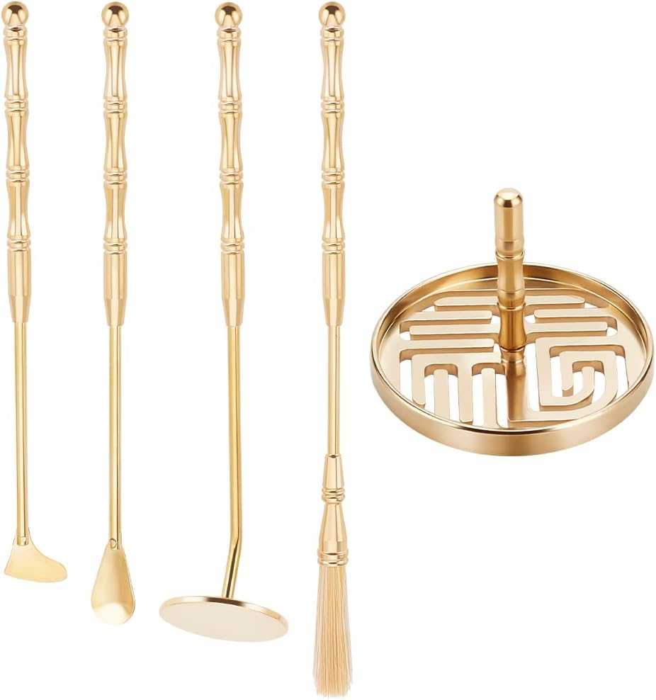 WEBEEDY 5Pcs Incense Making Kit Brass Incense Tool Kit Set- Incense Spoon Incense Press Shovel Brush for Incense Burner Kit Yoga Meditation, Fu Character