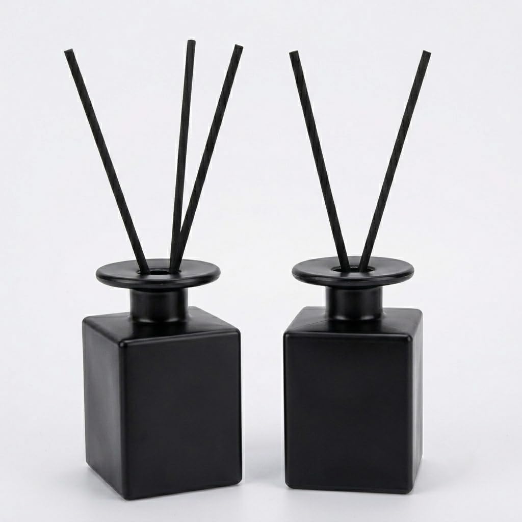 2 Pack 150ml Glass Reed Diffuser Container with Black Sticks, Empty Essential Oil Diffuser Jars with Protective Packaging for DIY Home Fragrance, Bathroom, Bedroom and Office Decor (2, Matte Black)