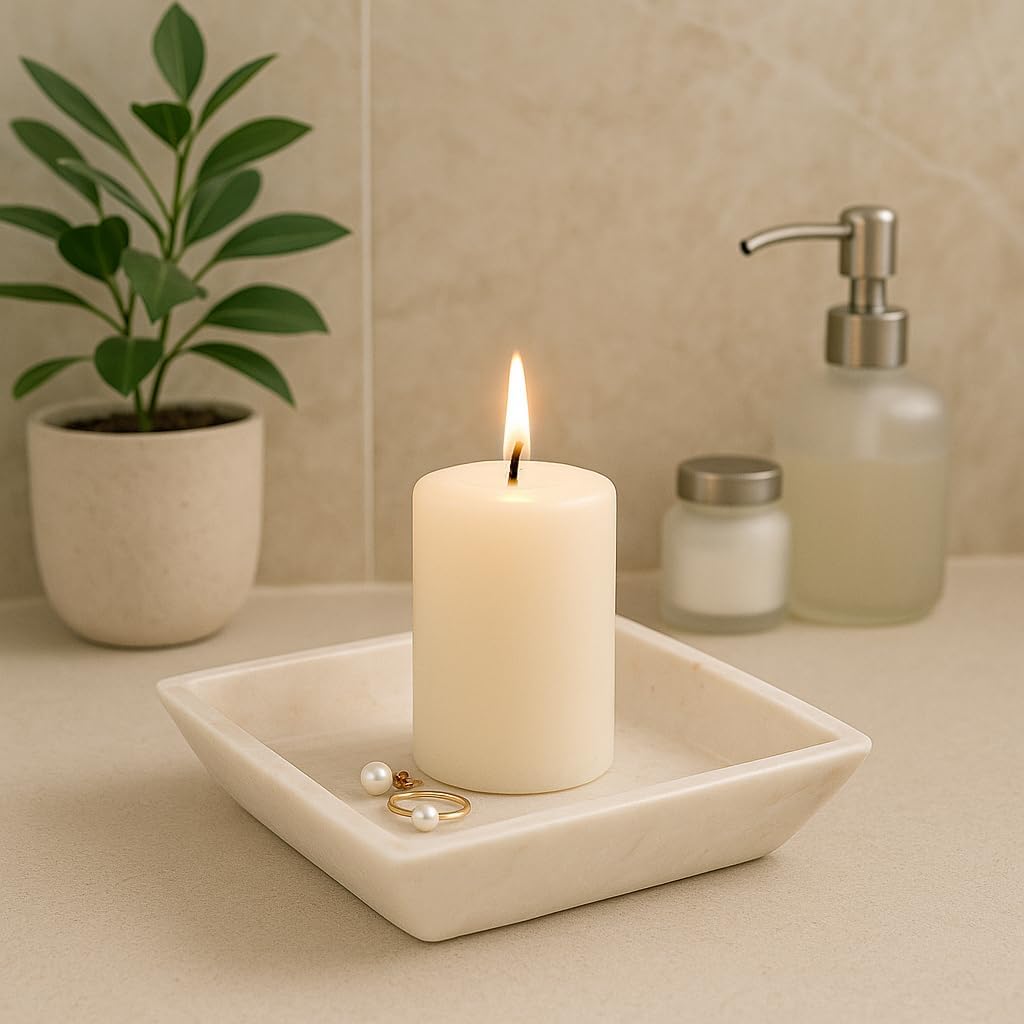Creative Home Natural Champagne Marble Boat Shaped Candle Holder Candle Plate Accessory Organizer, Small, Beige