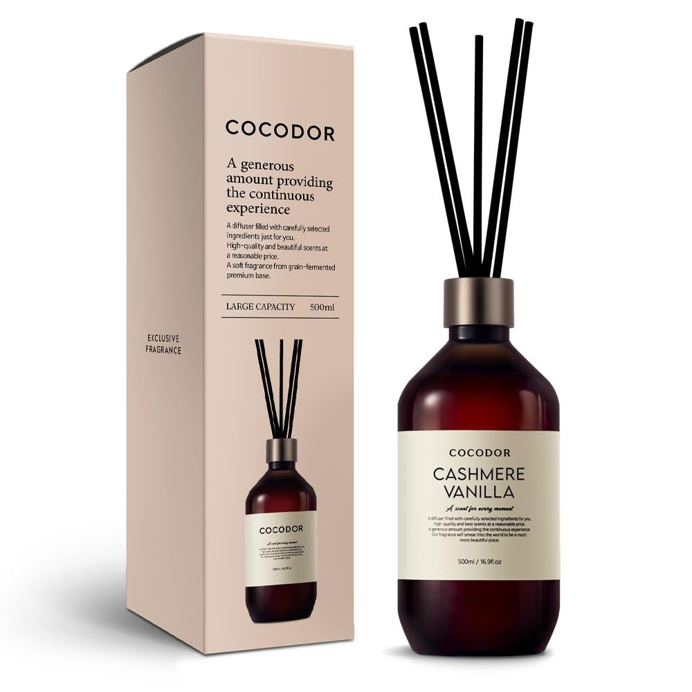 COCODOR Premium Reed Diffuser/Cashmere Vanilla /16.9oz /1 Pack/Large Capacity Fragrance Scent Oil Stick Diffuser Set for