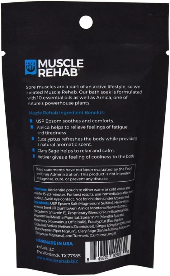 Muscle Rehab Epsom Salt Bath Soak 5 Travel Packets with Arnica and Magnesium for Muscle Pain Relief : Portable Foot Soak for Athletes and Active Recovery