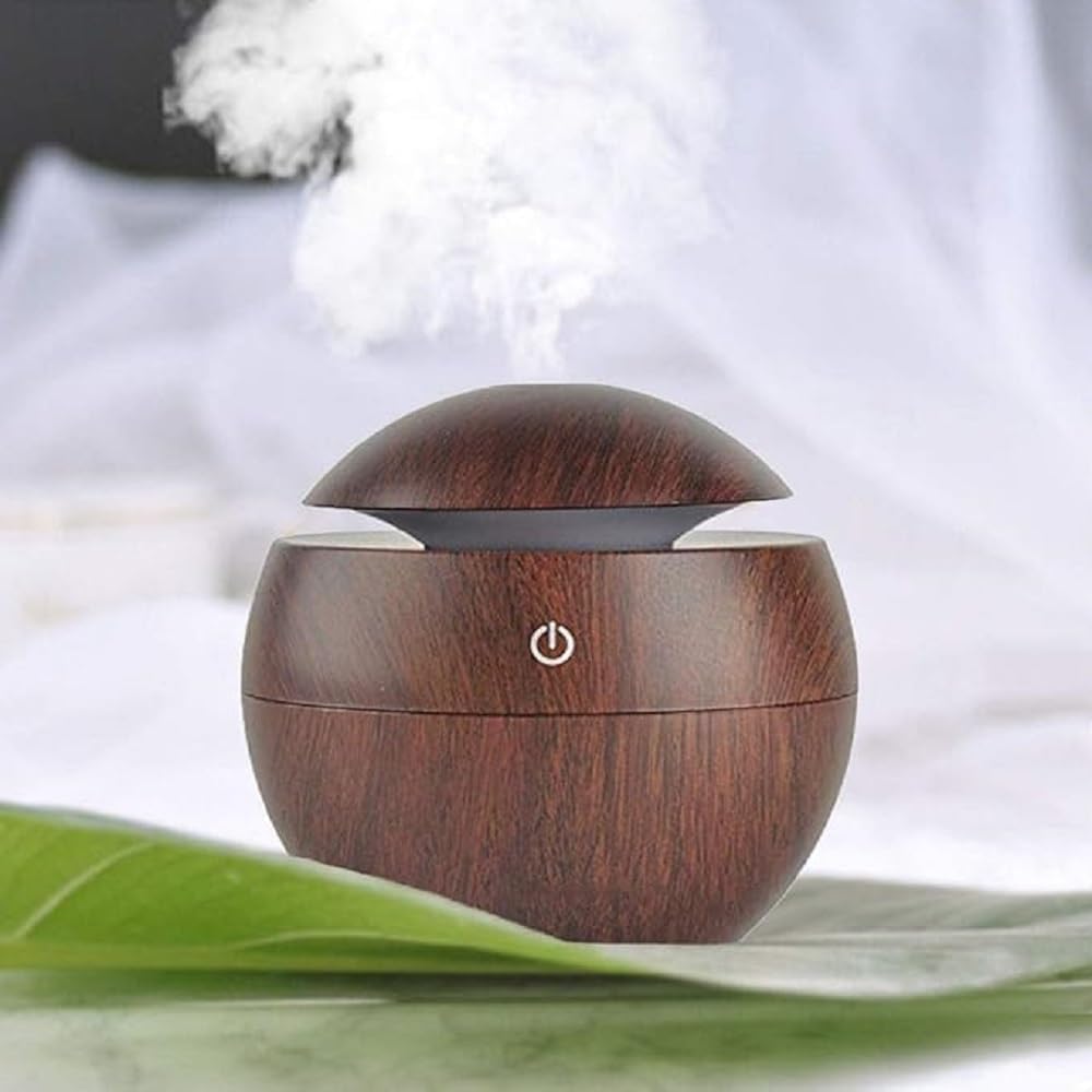 Aroma Essential Oil Diffuser Humidifier, Wood Grain Design, USB Powered, LED Light Ring, 300ml Capacity, 3.9 x 5.2 in