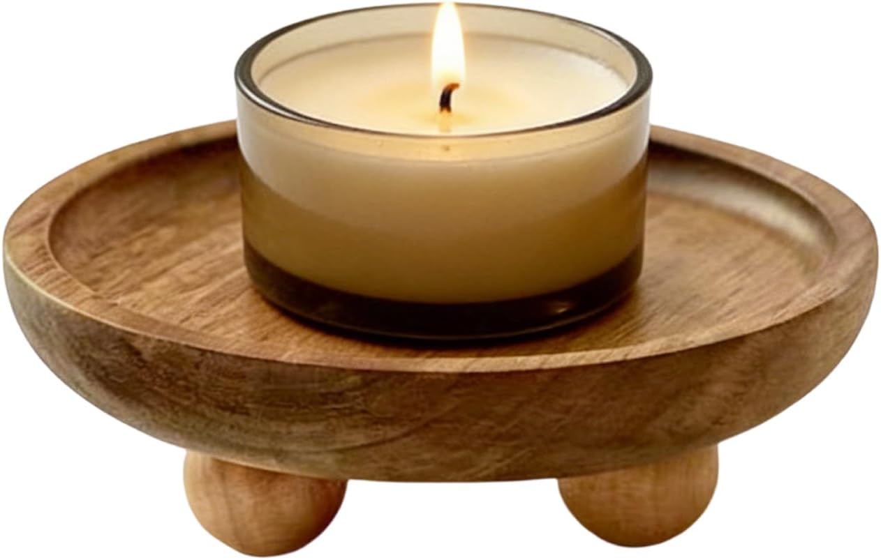 Round Decorative Tray, Candle Plate Holder Tray, Round Serving Wooden Trays, Wood Decorative Candle Plate, Rustic Farmhouse CoffeeTable Decor, for Beverages Tea Dessert Soap Perfume Sponge
