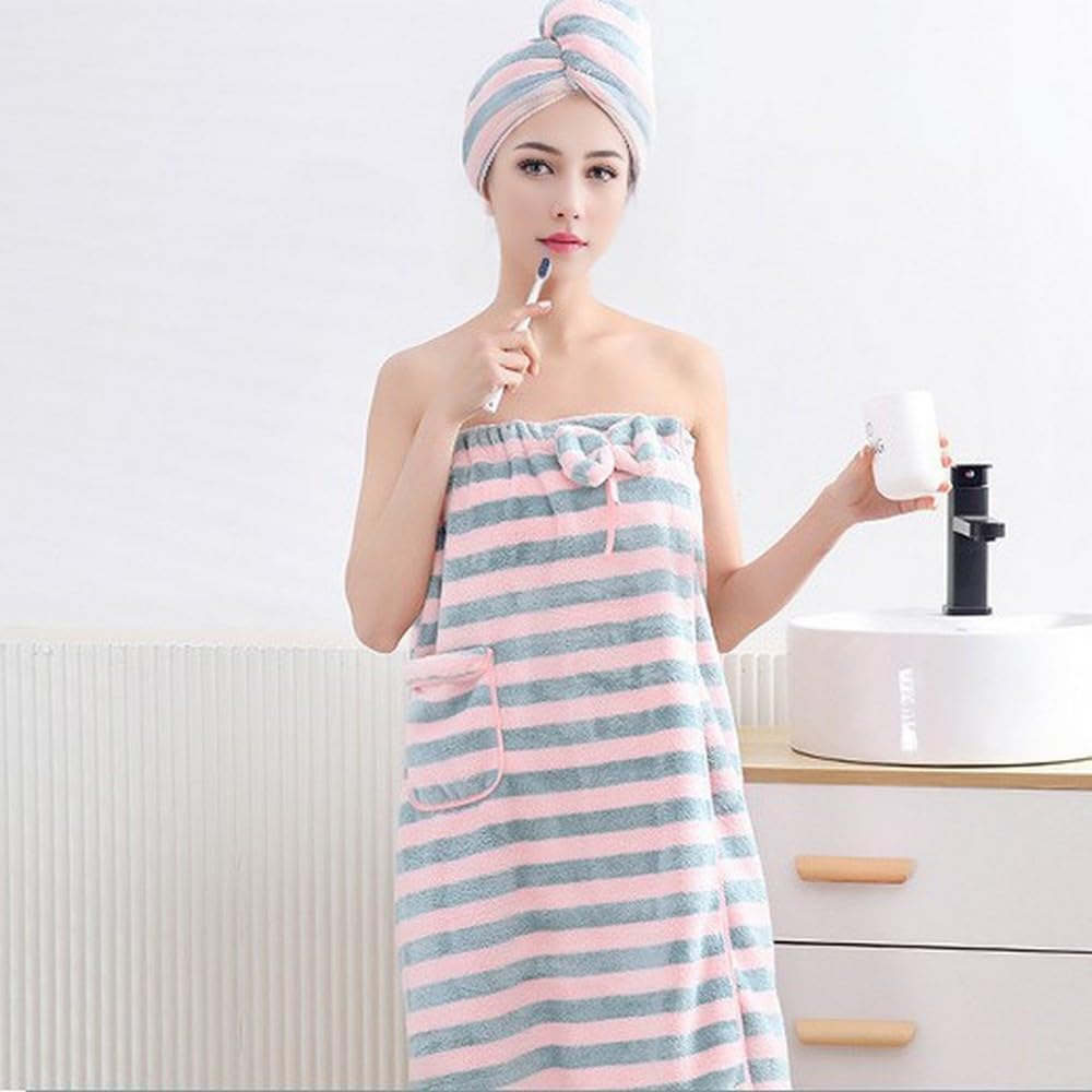 Towel Wrap for Women with Hair Towel, Adjustable Plush Absorbent Shower Spa Bath Wrap + Hair Drying Towel Sets (Grey/Pink, Medium)