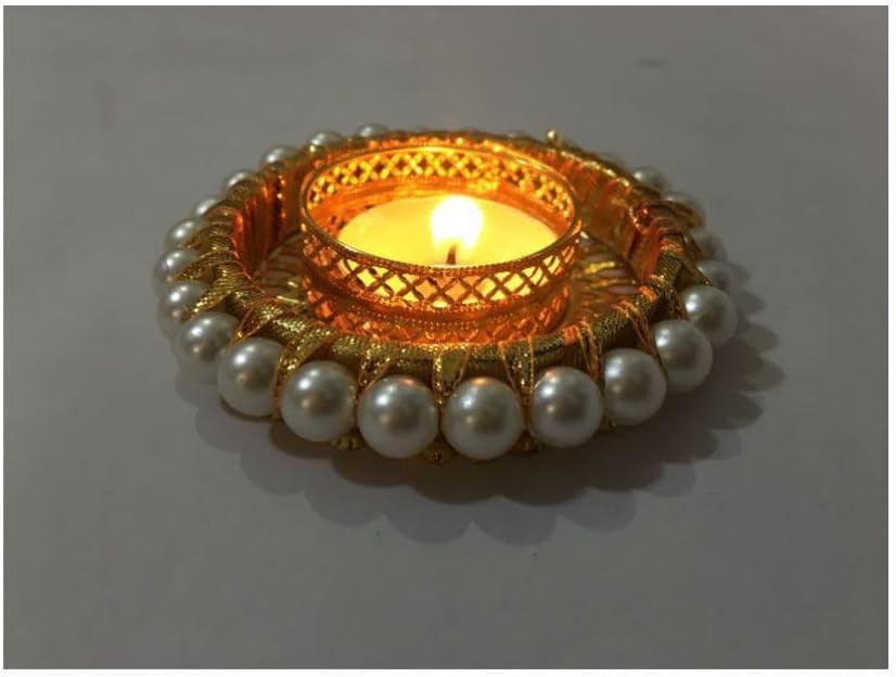 Set of 4 Pearl Moti Design T Light Holder Candle Stand Tealight T-Light Holder for Indian Festival Gifts New year Gifts Lighting Accessories Wedding Home Decor(Size:-3")(Without Wax)(White)