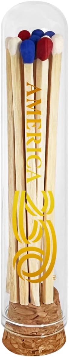 Decorative Matches in a A250 Glass Jar | 4" Red White Blue Long Matches (100 Match Sticks) + 3 Cork Top Dome Glass Holders + Striker Stickers by Thankful Greetings, USA