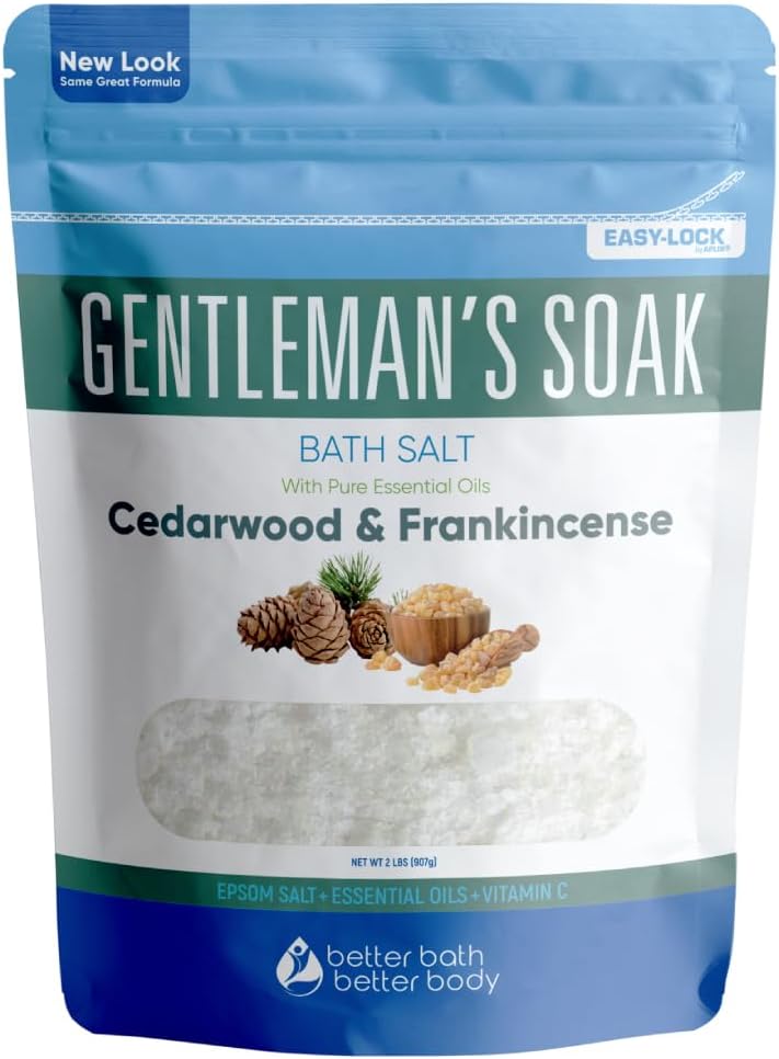 Gentleman's Bath Salt 32 Ounces (2 Lbs) Epsom Salt Soak for Men with Natural Cedarwood and Frankincense Essential Oils Plus Vitamin C in BPA Free Pouch with Easy Press Lock Seal Made in USA