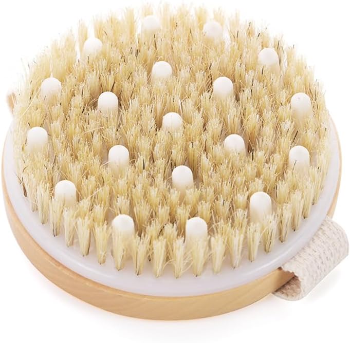 Bamboo Dry Body Brush Back Scrubber for Shower Handheld Bath Massage Brushes with Silicone Nodes Natural Bristle Brushing Exfoliator