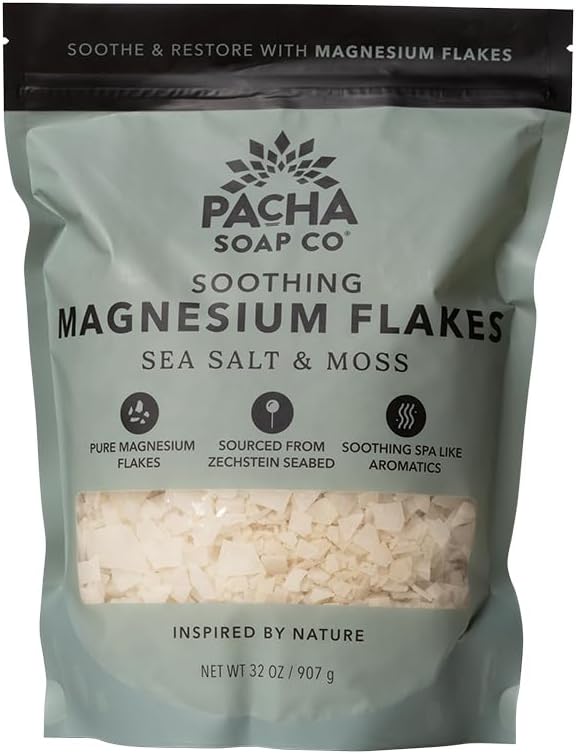 Pacha Soap Co. Magnesium Flake Salt Soak - Sea Salt & Moss, Soothing Mineral Bath Soak with Magnesium & Sea Salt, Paraben, Sulfate, and Dye-Free, Handcrafted in The USA, 2-Pack, 32 oz Each