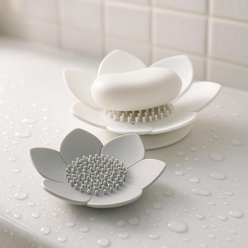 2 Pack Lotus Shower Steamer Trays, Silicone Soap Holder with Self Draining - Elegant White & Gray Lotus Flower Shape Soap Dish, Perfect for Bathroom Counter, Kitchen Sink, Shower Organizer