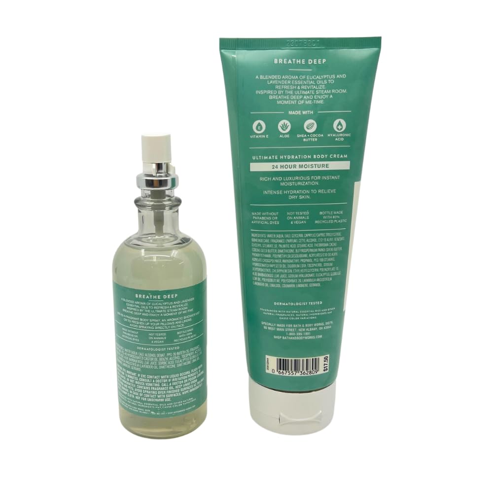Bath and Body Works Aromatherapy Breathe Deep Eucalyptus Lavender Pillow Mist & Body Cream Gift Set