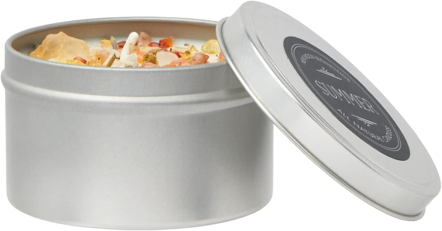 Summer Candle by New Moon Beginnings - Soy Candles - All Natural Aromatherapy Candle - Dried Herb, Flower, & Crystal Candles - Citrus Coconut Candle - 8 oz Tin